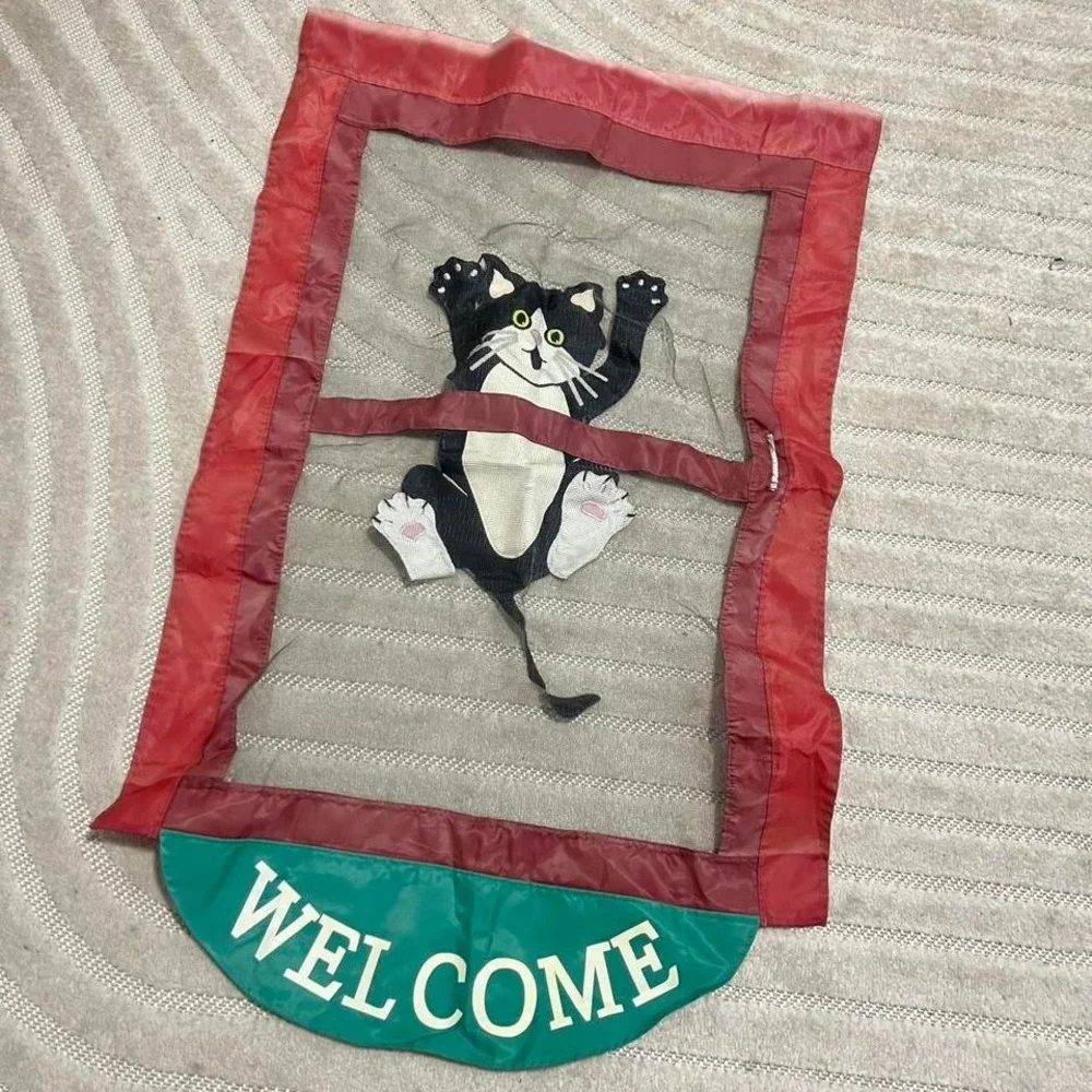 Red green cat welcome flag decor hang out cottage boho cute